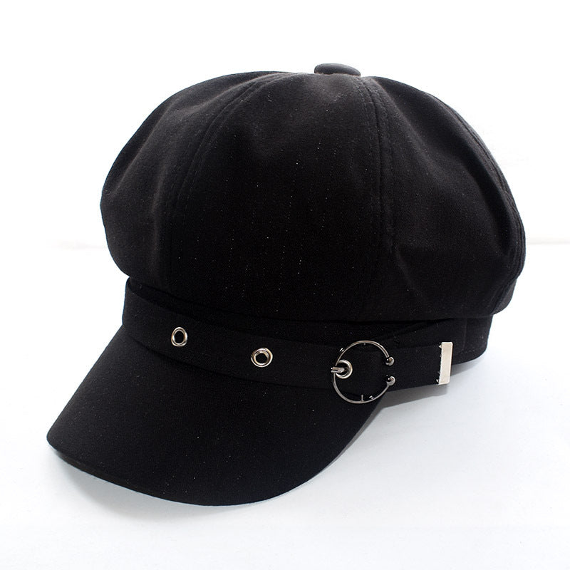 Buckle Strap Brimmed Beret Cap - black