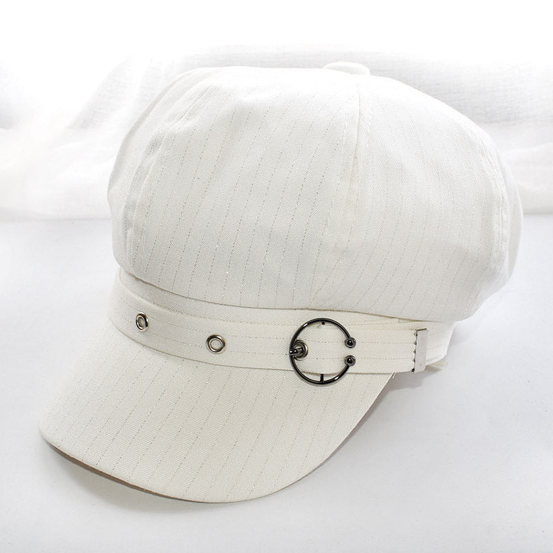 Buckle Strap Brimmed Beret Cap - white