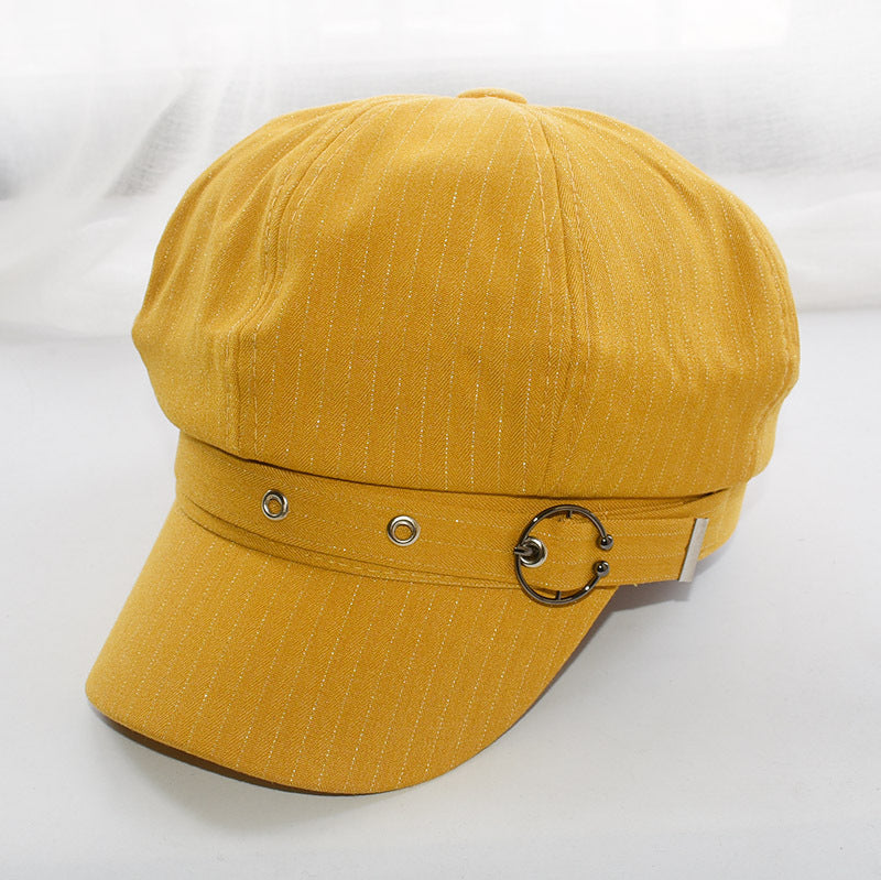 Buckle Strap Brimmed Beret Cap - yellow