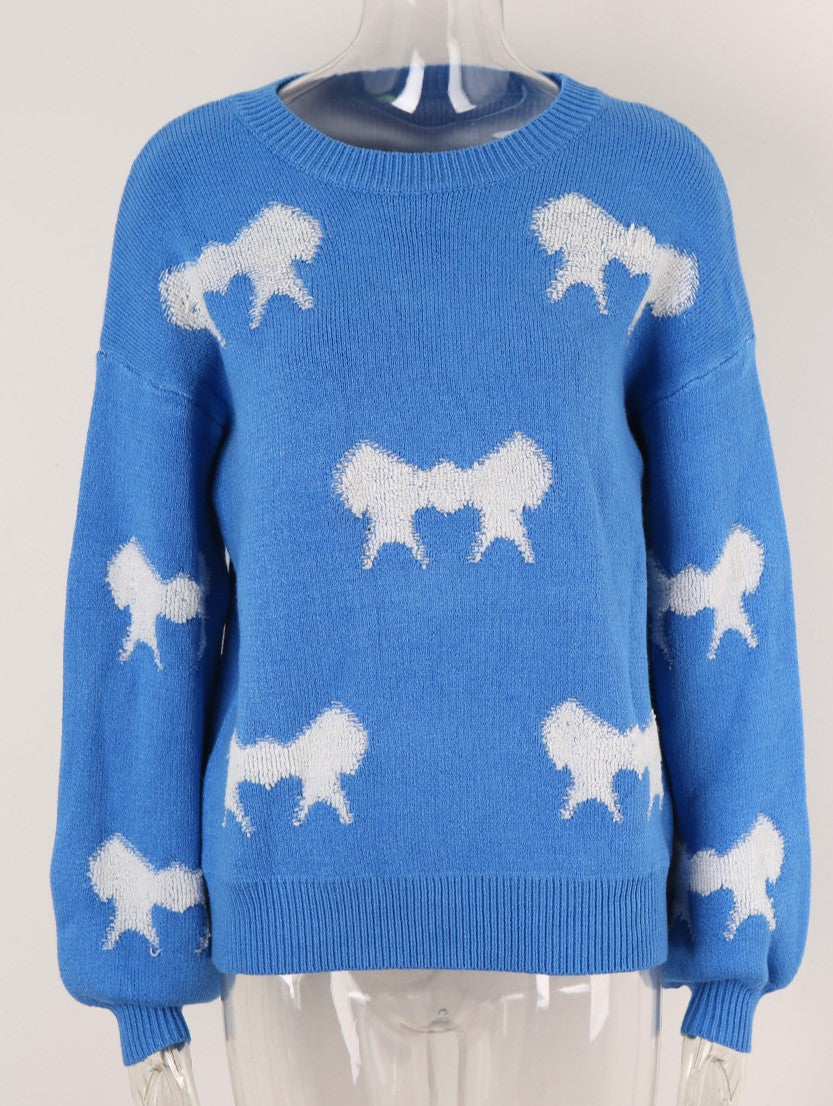 Scattered Bows Fuzzy Knit Pullover - Blue - 2