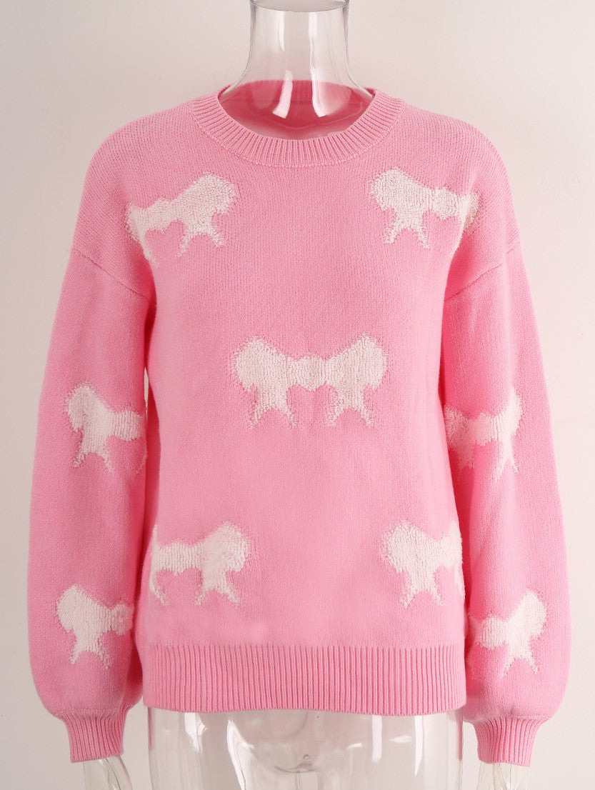 Scattered Bows Fuzzy Knit Pullover - Pink - 2