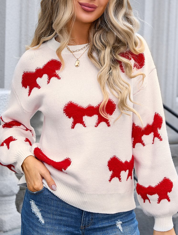 Scattered Bows Fuzzy Knit Pullover - Red