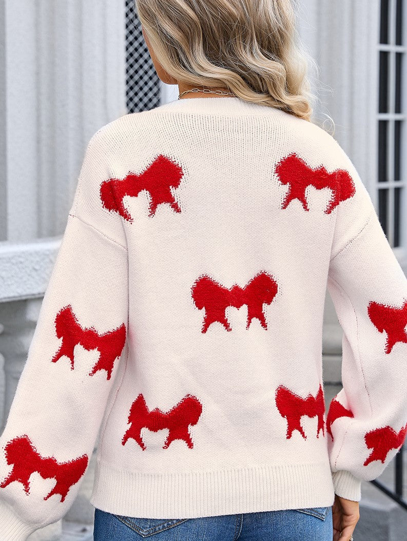 Scattered Bows Fuzzy Knit Pullover - Red - 1