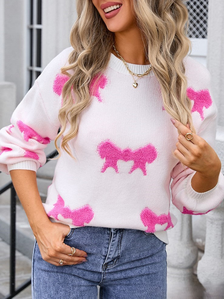 Scattered Bows Fuzzy Knit Pullover - Rosered