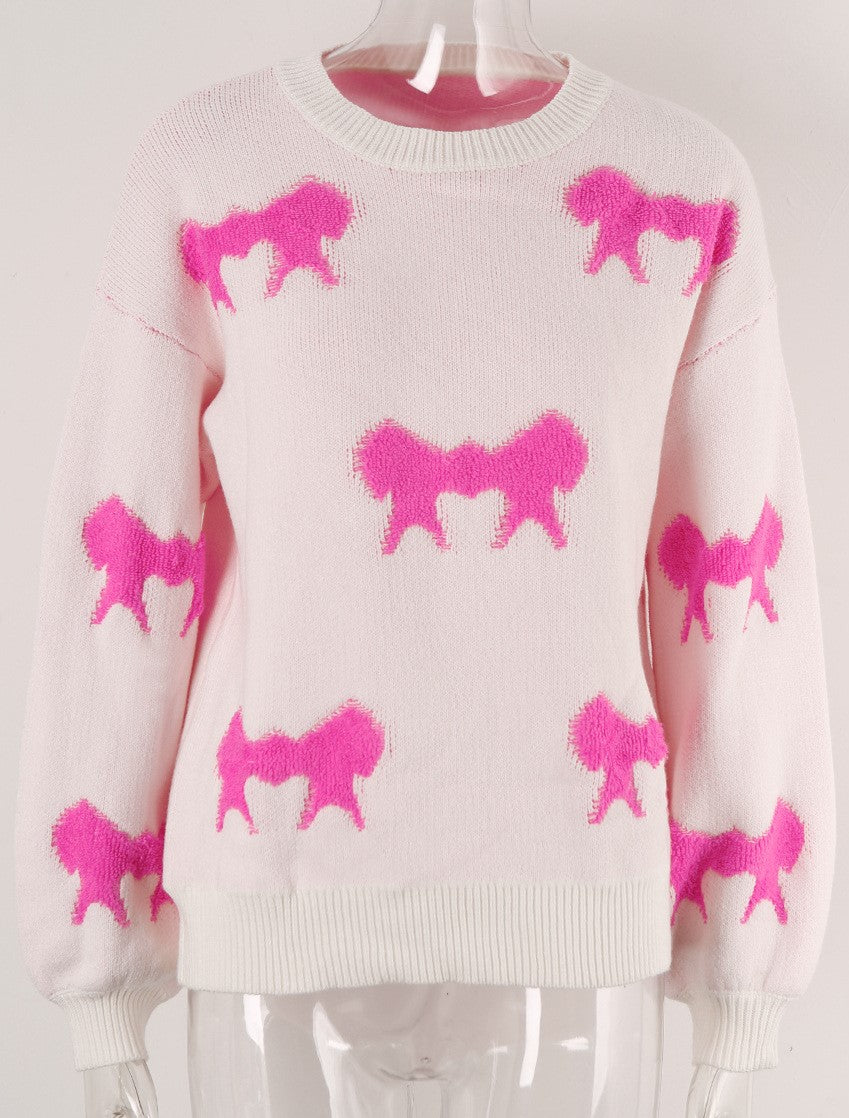 Scattered Bows Fuzzy Knit Pullover - Rosered - 1