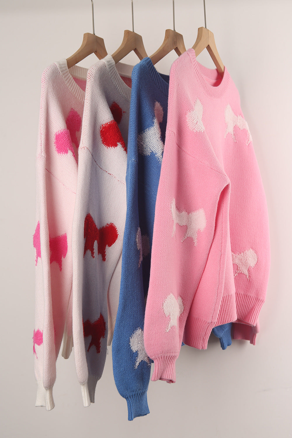 Scattered Bows Fuzzy Knit Pullover - Rosered - 3
