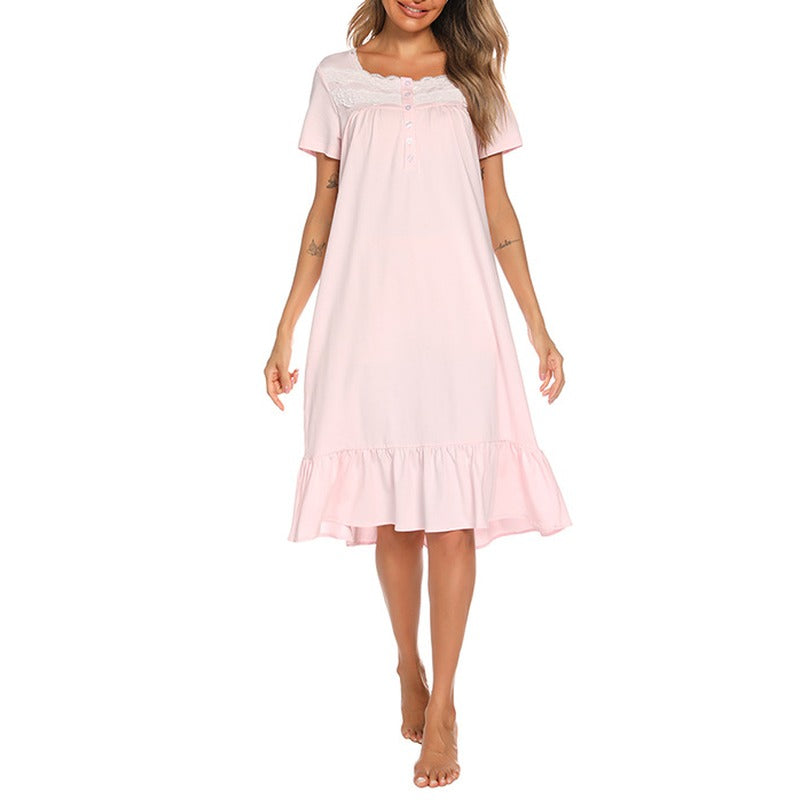 Cotton Lace Yoke Short Sleeve Midi Nightgown - Pink