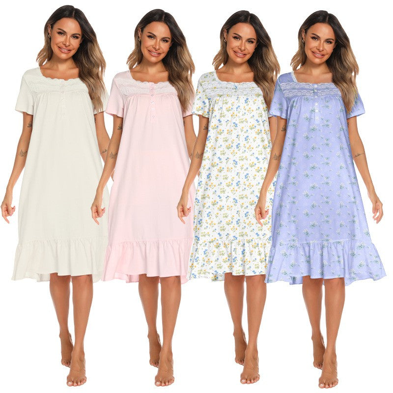 Cotton Lace Yoke Short Sleeve Midi Nightgown