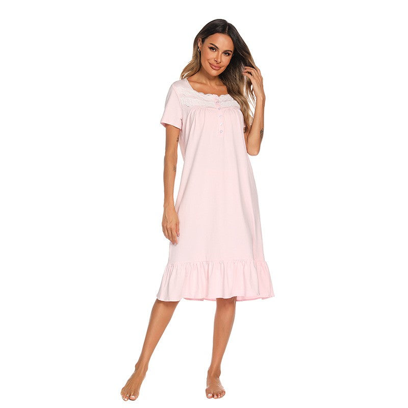 Cotton Lace Yoke Short Sleeve Midi Nightgown
