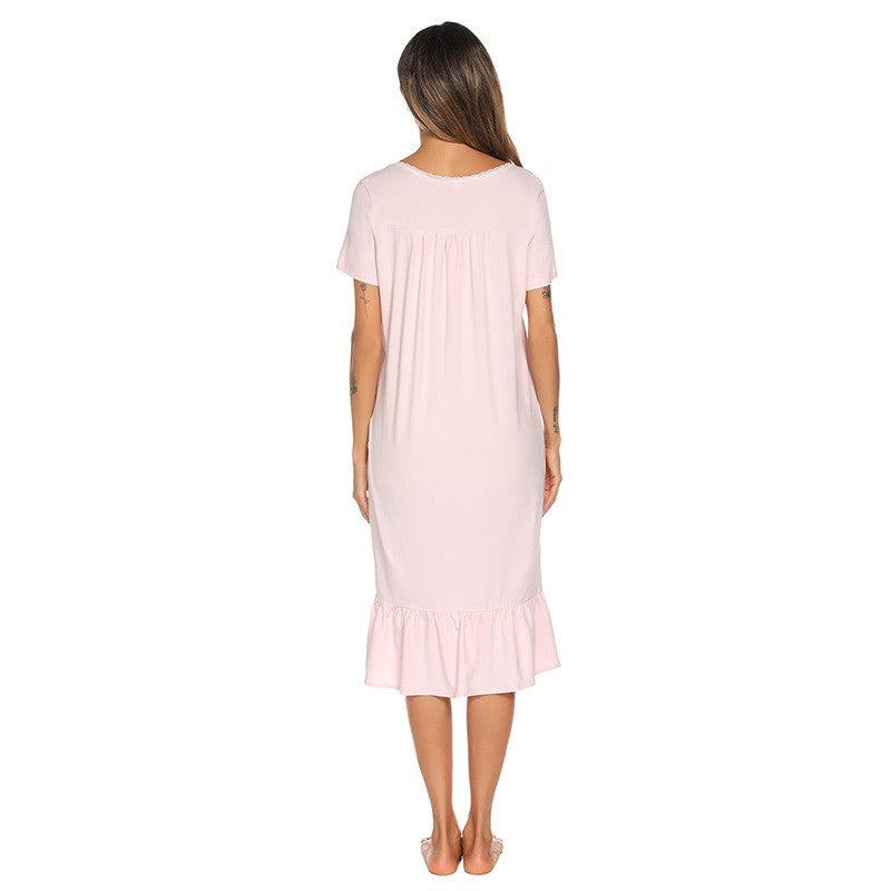 Cotton Lace Yoke Short Sleeve Midi Nightgown