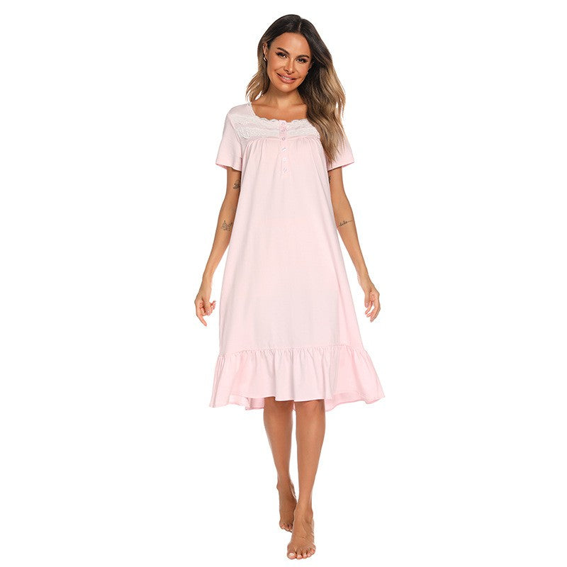 Cotton Lace Yoke Short Sleeve Midi Nightgown