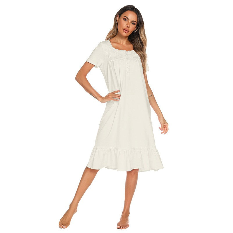 Cotton Lace Yoke Short Sleeve Midi Nightgown