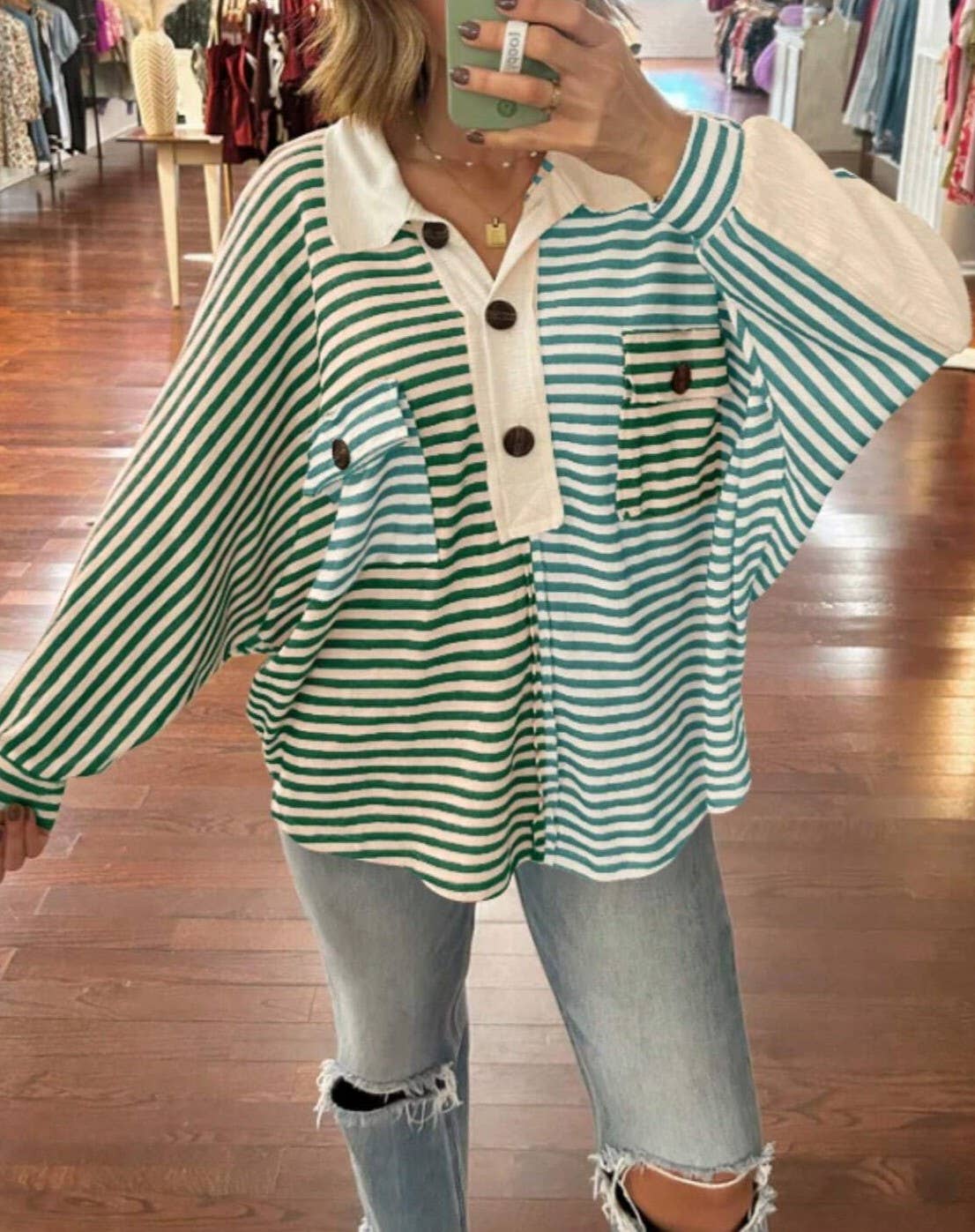 Striped Colorblock Collared Half Button Top