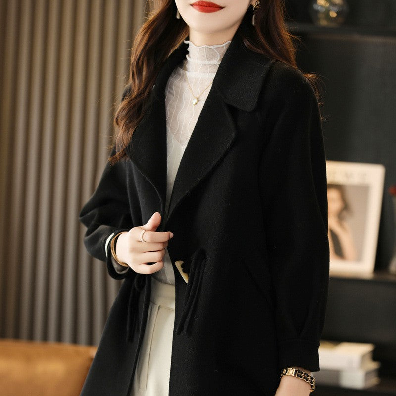 Double Faced Wool Drawstring Waist Short Coat - Black