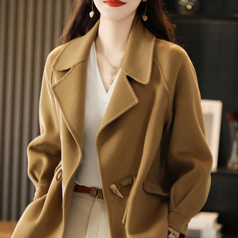Double Faced Wool Drawstring Waist Short Coat - Camel