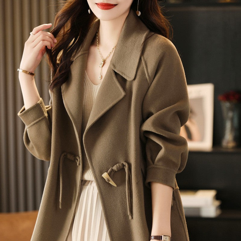 Double Faced Wool Drawstring Waist Short Coat - Taupe
