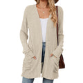 Ribbed Open Front Pocket Cardigan Sweater - Apricot