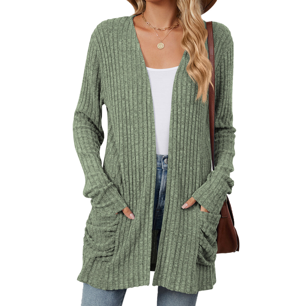 Ribbed Open Front Pocket Cardigan Sweater - Green