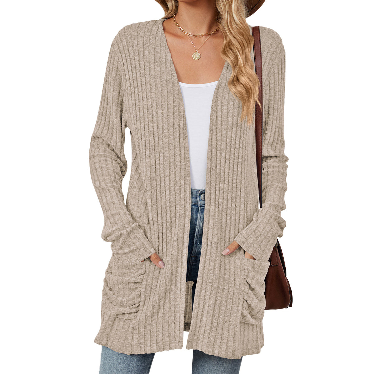 Ribbed Open Front Pocket Cardigan Sweater - Khaki
