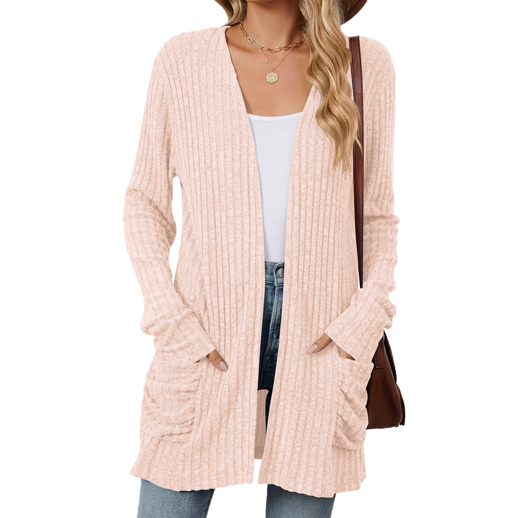 Ribbed Open Front Pocket Cardigan Sweater - Pink