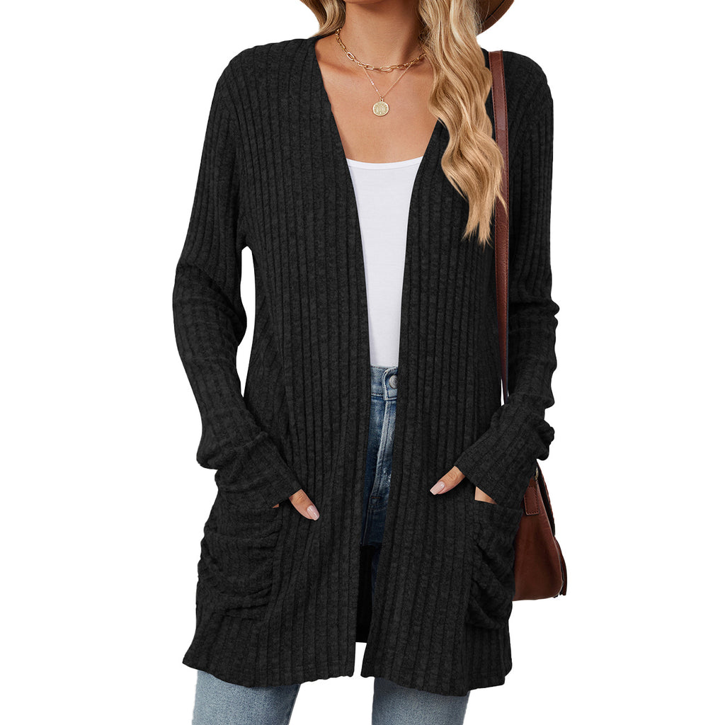 Ribbed Open Front Pocket Cardigan Sweater - black