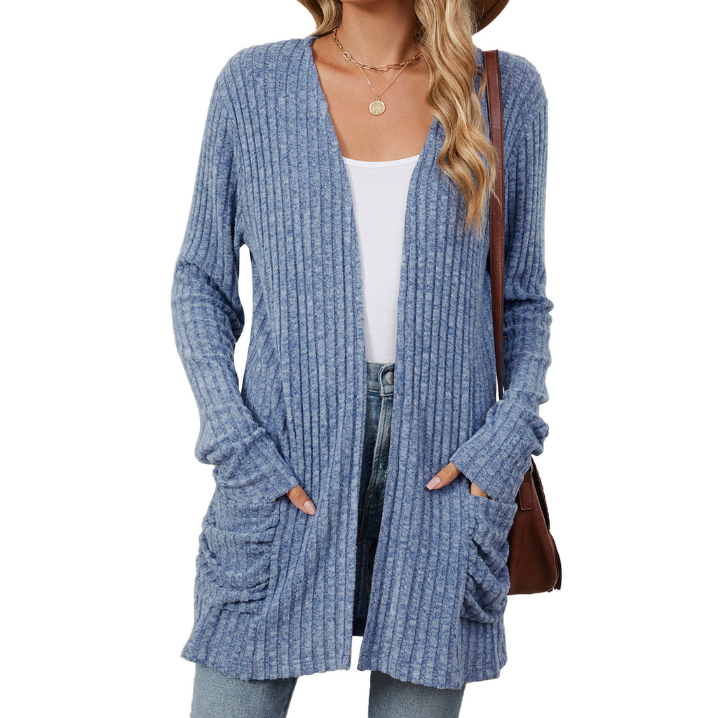 Ribbed Open Front Pocket Cardigan Sweater - blue