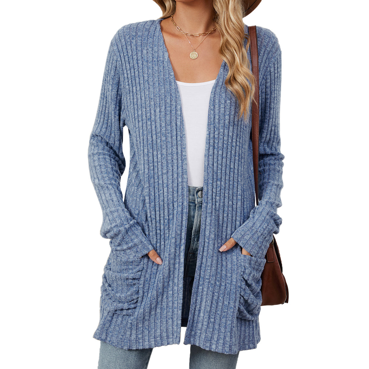 Ribbed Open Front Pocket Cardigan Sweater - blue