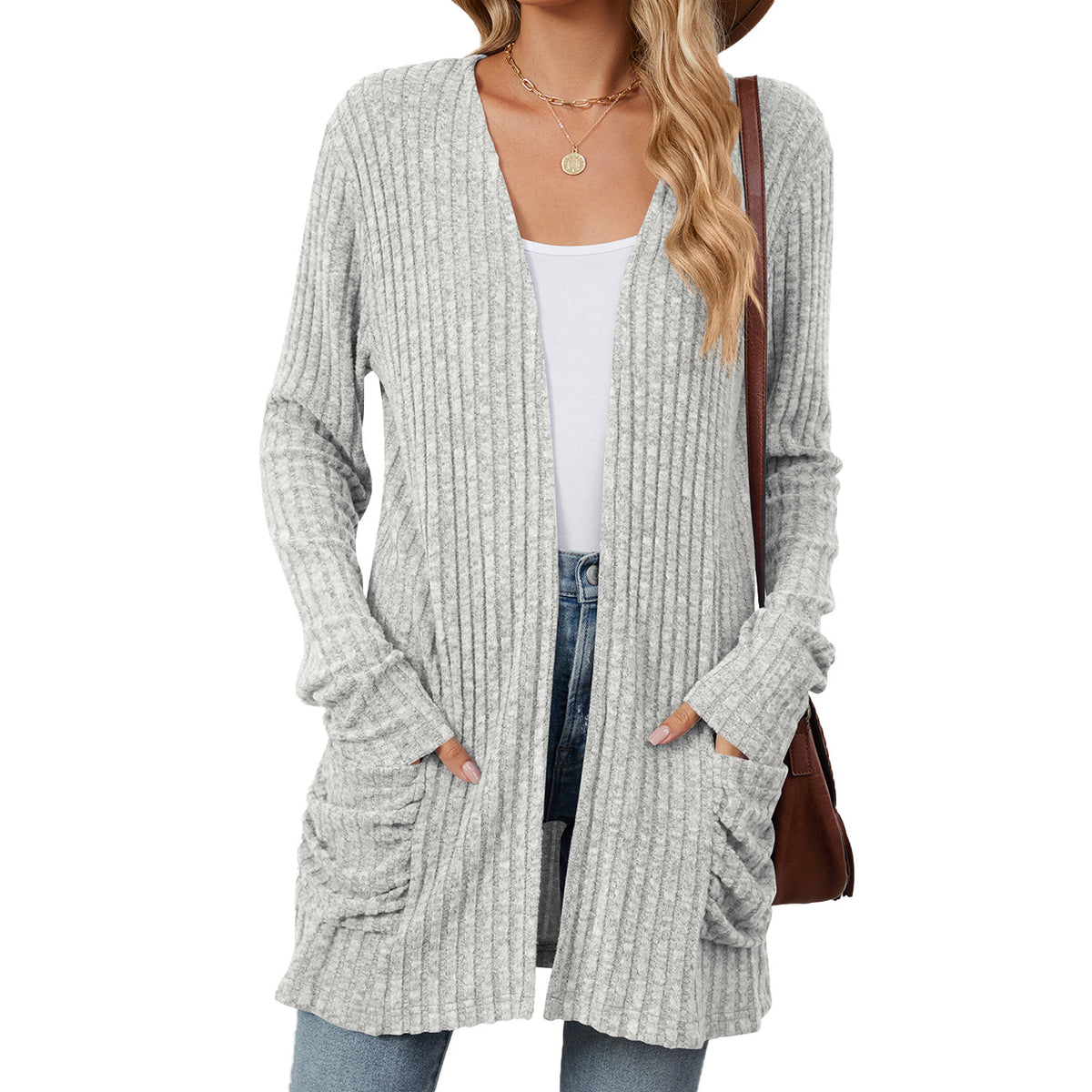 Ribbed Open Front Pocket Cardigan Sweater - gray