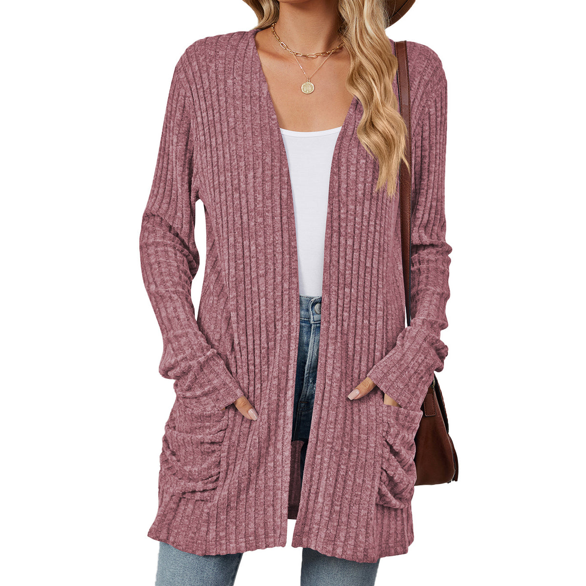 Ribbed Open Front Pocket Cardigan Sweater - purple