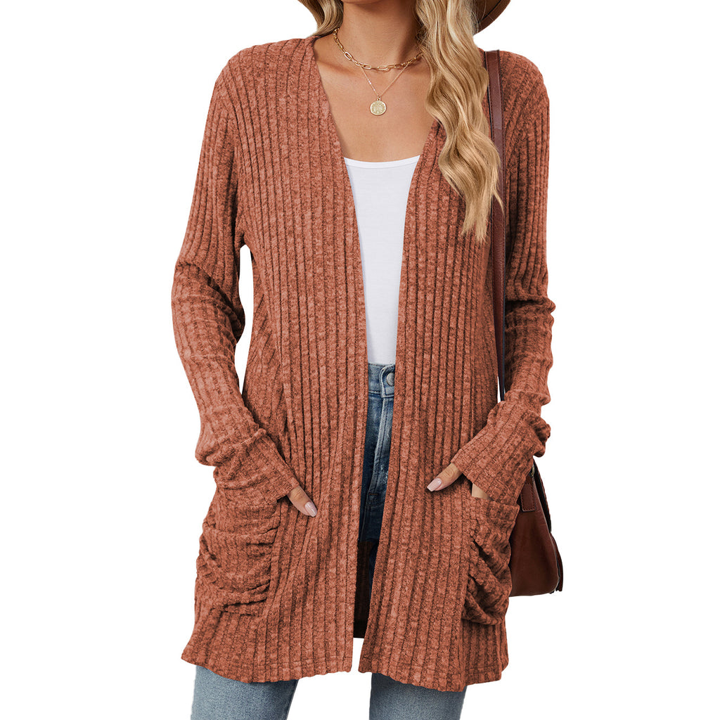 Ribbed Open Front Pocket Cardigan Sweater - red