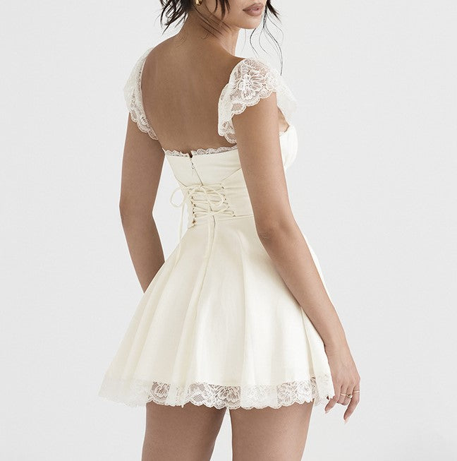 Lace Trim Corset Back Mini Dress - White - 1