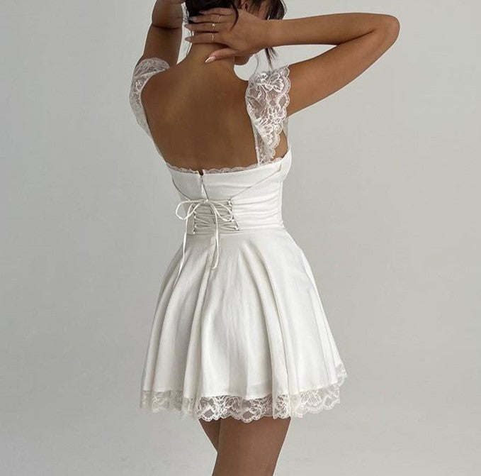 Lace Trim Corset Back Mini Dress - White - 3