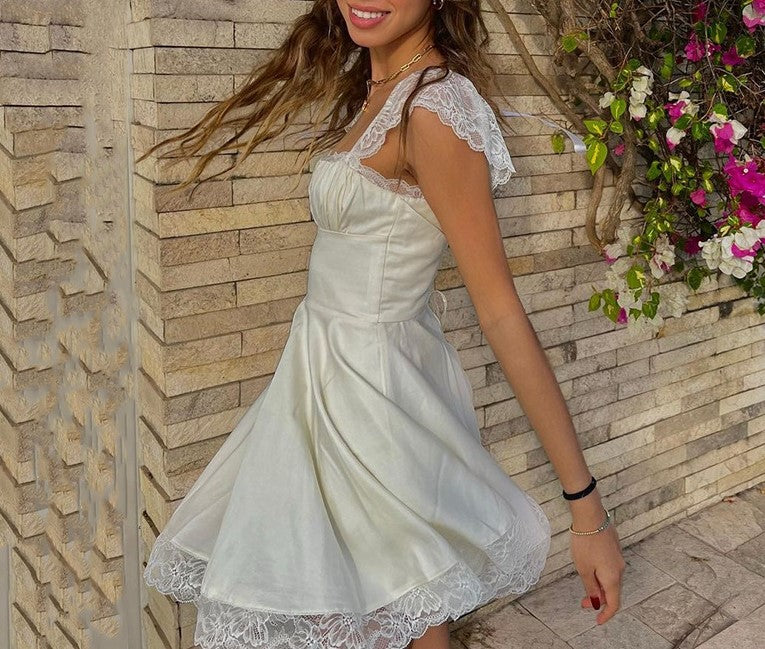 Lace Trim Corset Back Mini Dress - White - 6