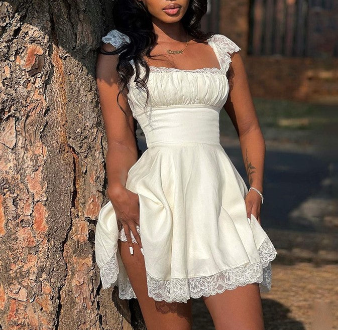 Lace Trim Corset Back Mini Dress - White - 8