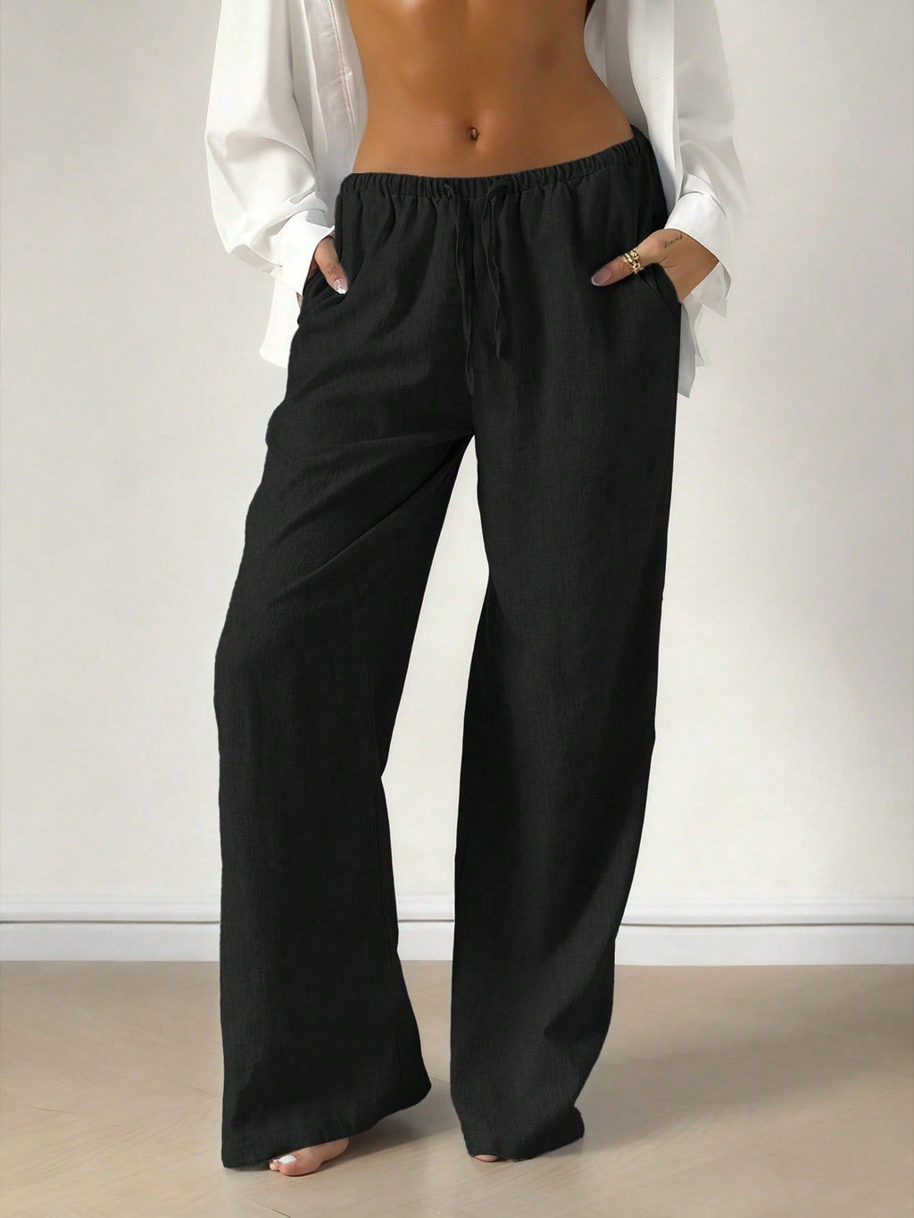 Linen Blend Drawstring Wide Leg Pants - Black