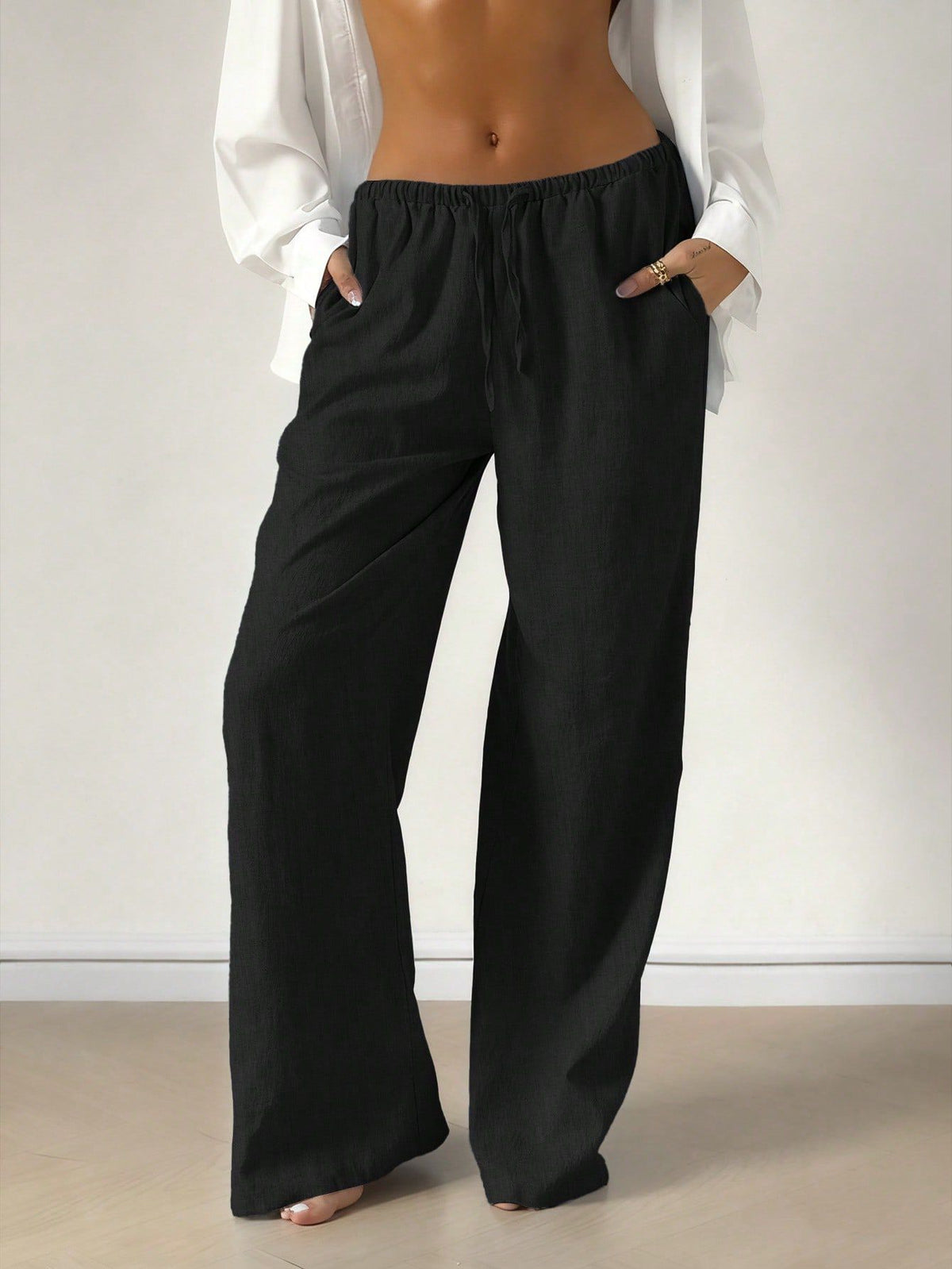 Linen Blend Drawstring Wide Leg Pants - Black