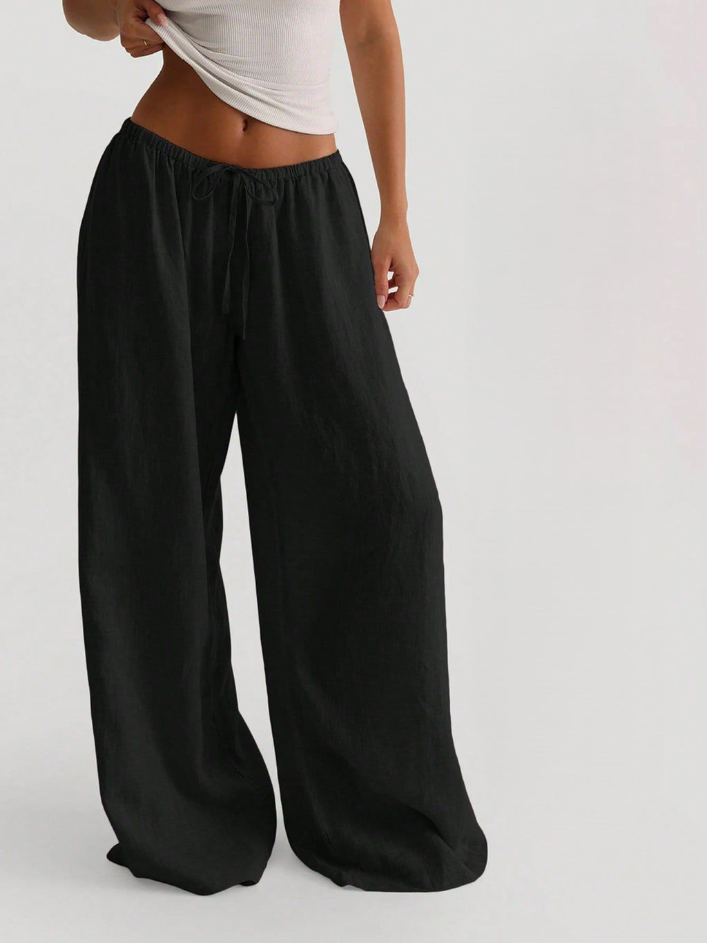 Linen Blend Drawstring Wide Leg Pants - Black - 1