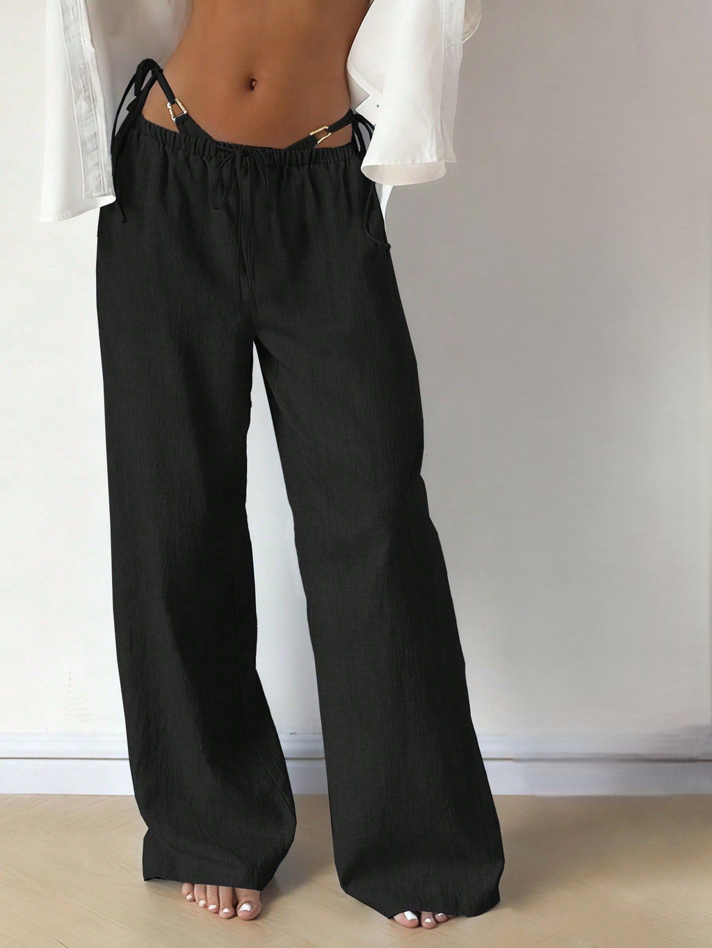 Linen Blend Drawstring Wide Leg Pants - Black - 2