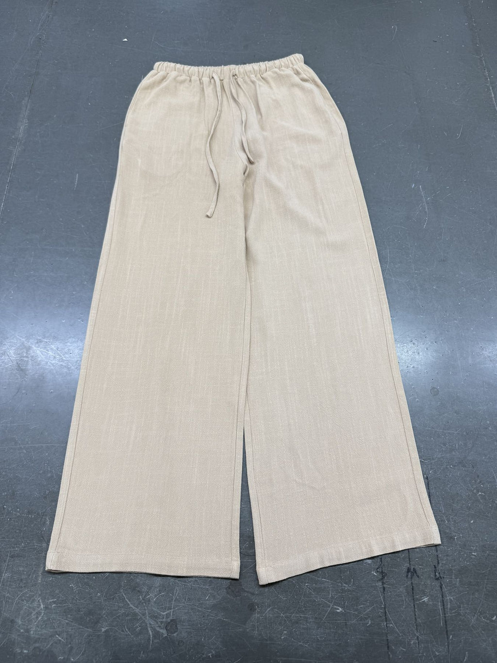 Linen Blend Drawstring Wide Leg Pants - Khaki