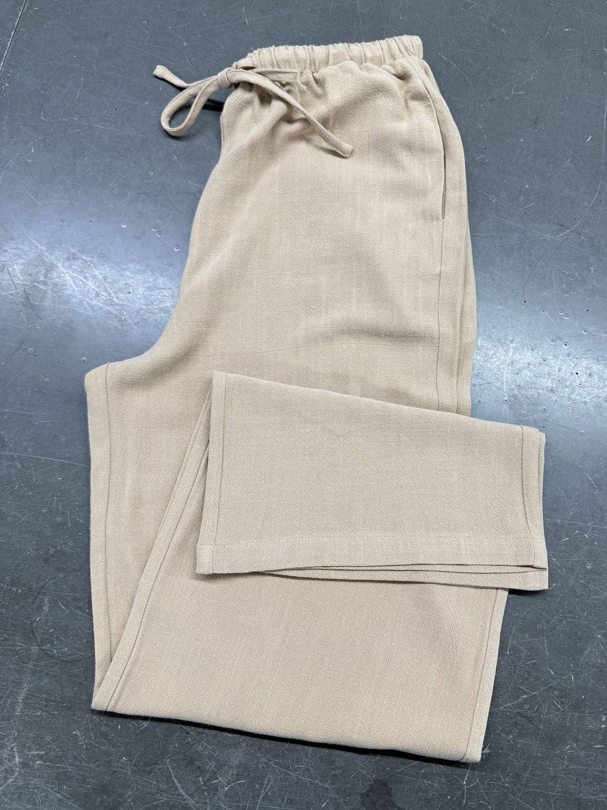 Linen Blend Drawstring Wide Leg Pants - Khaki - 1