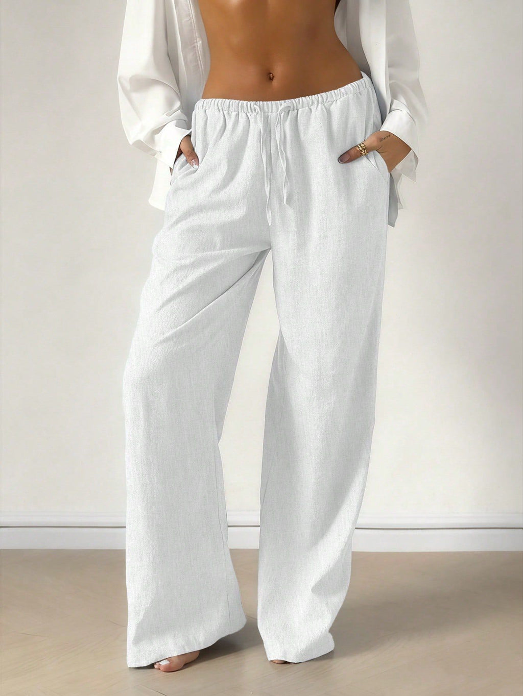 Linen Blend Drawstring Wide Leg Pants - White