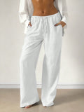 Linen Blend Drawstring Wide Leg Pants - White