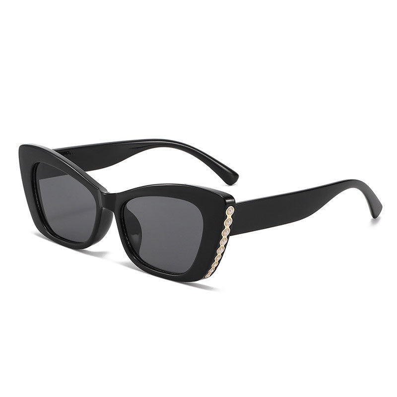 Pearl Embellished Cat Eye Sunglasses - BLACK