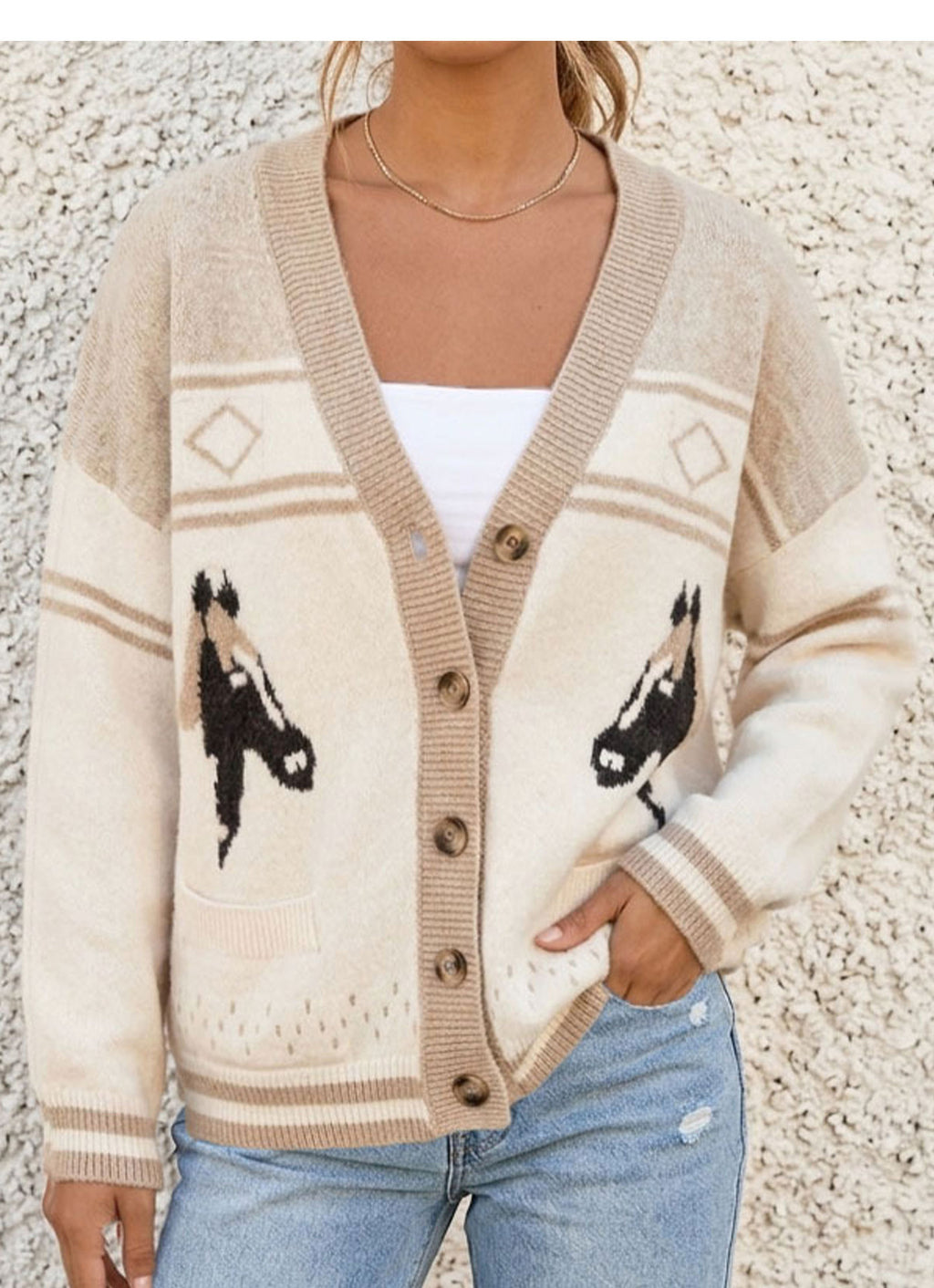 Cowboy Horse Jacquard Longline Cardigan - Apricot - 1