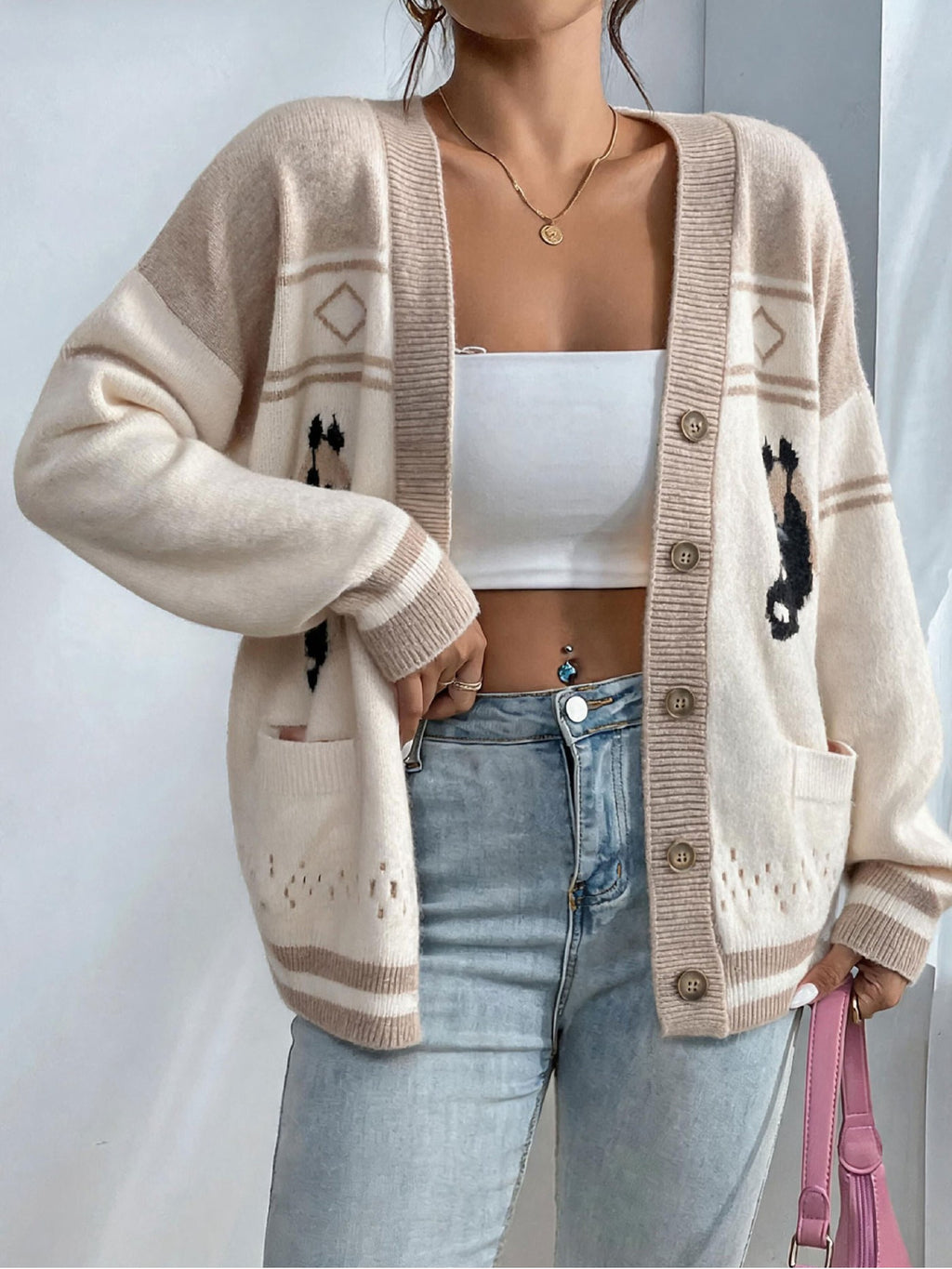 Cowboy Horse Jacquard Longline Cardigan - Apricot - 3