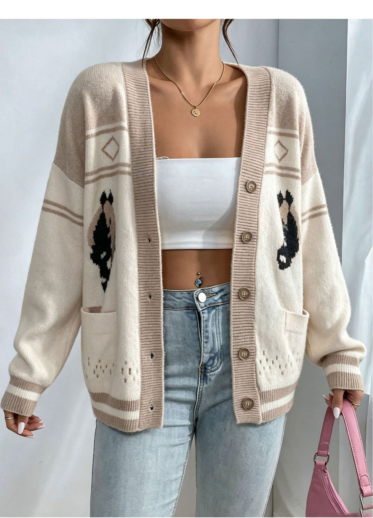 Cowboy Horse Jacquard Longline Cardigan - Apricot - 4