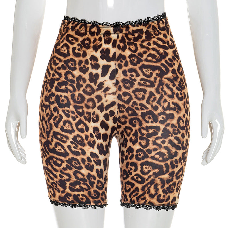 Lace Trim High Rise Biker Shorts - Leopard