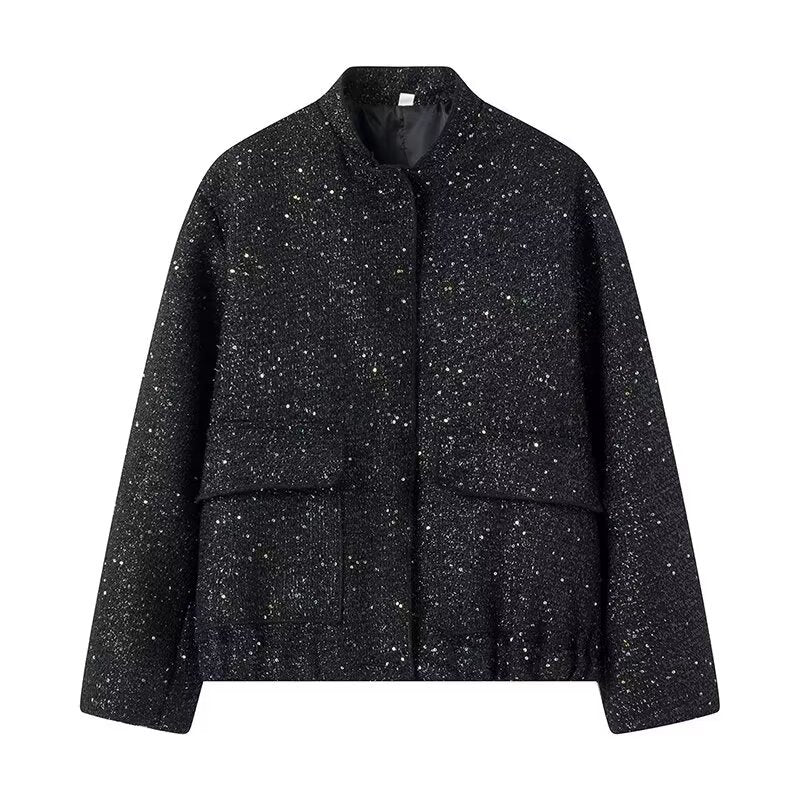 Sequin Tweed Oversized Bomber Jacket - Black