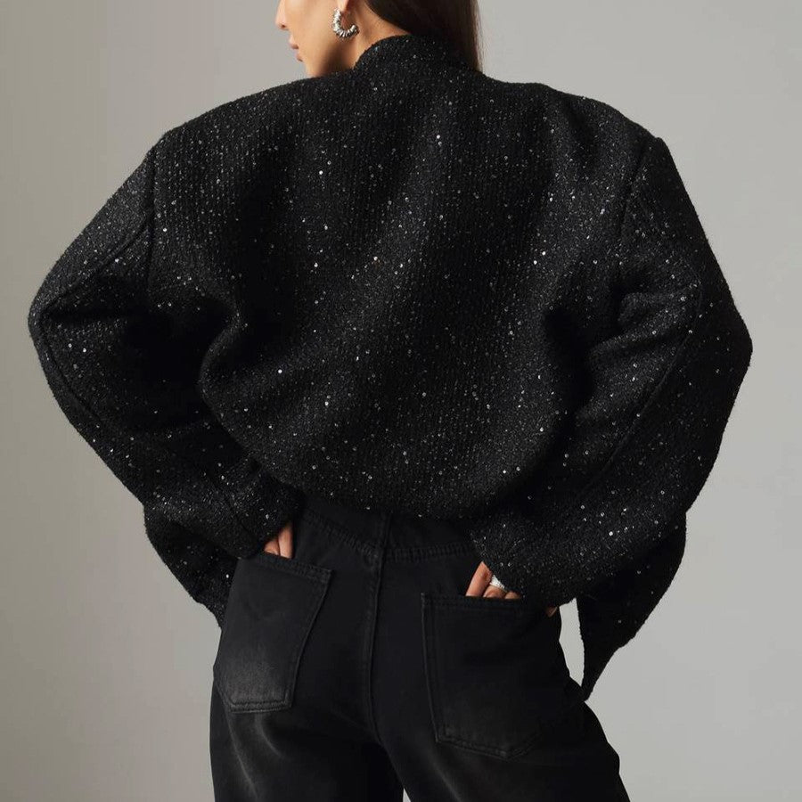 Sequin Tweed Oversized Bomber Jacket - Black - 1