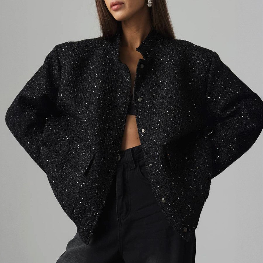 Sequin Tweed Oversized Bomber Jacket - Black - 2